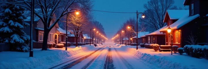 A serene winter landscape with glowing streetlights, winter wonderland, isolated,