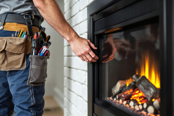 Technician adjusting glass panel of a modern fireplace with tools in pocket.