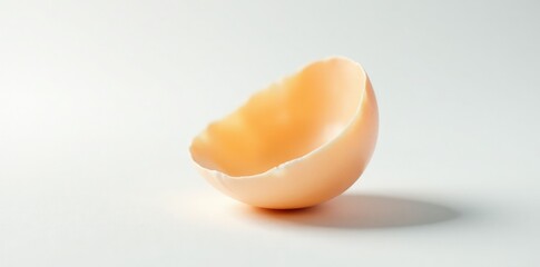 a single eggshell fragment lies against a crisp white background, thin, curved
