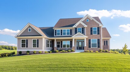 Beautiful modern house with manicured lawn under a clear blue sky, showcasing suburban tranquility