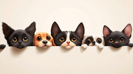 Obraz premium Dogs and cats peeking over a web banner.