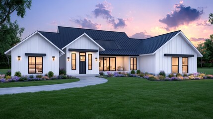 Modern white house with black roof at sunset, surrounded by colorful flower and lush lawn