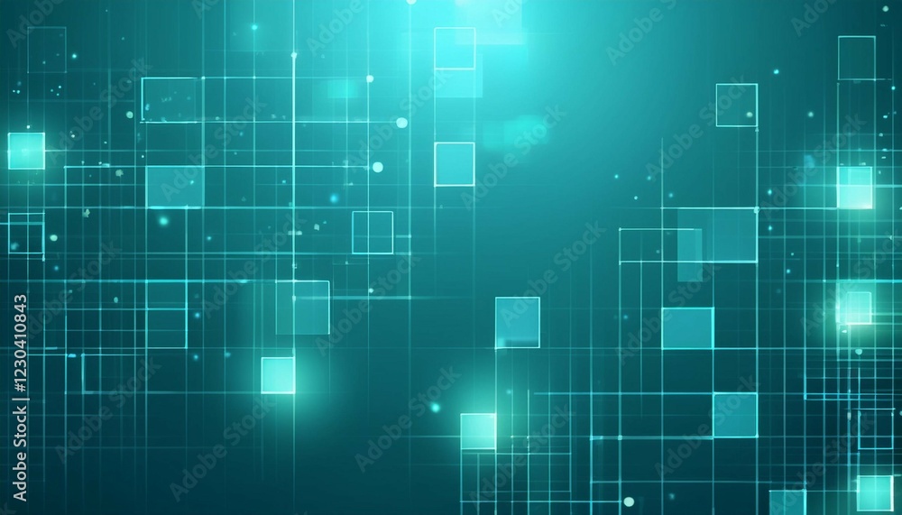 Poster glowing squares with sparkles on turquoise gradient background technology presentation design