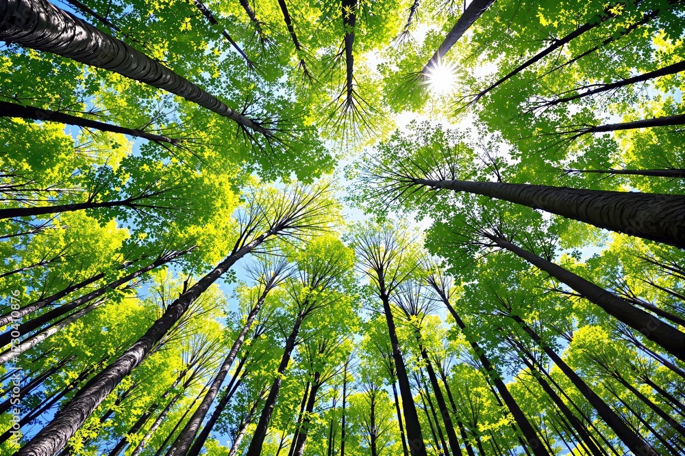 Poster view of tall trees with bright green foliage under sunlight in a forest.