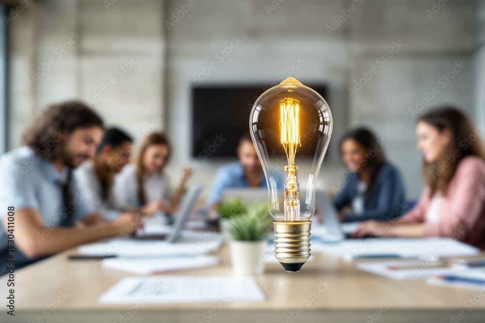 Poster Light bulb floating in focus with people working in the background in a collaborative office space concept.