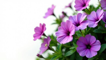 Obraz premium Colorful purple flowers blooming on a shrubbery isolated against white background, botanical garden, purple flowers, flora