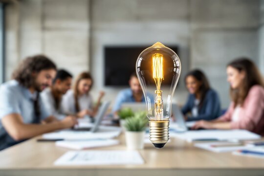Light bulb floating in focus with people working in the background in a collaborative office space concept.