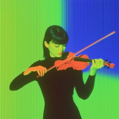 Fototapeta premium Asian woman playing violin in softly lit room retro-inspired portrait artistic cozy atmosphere