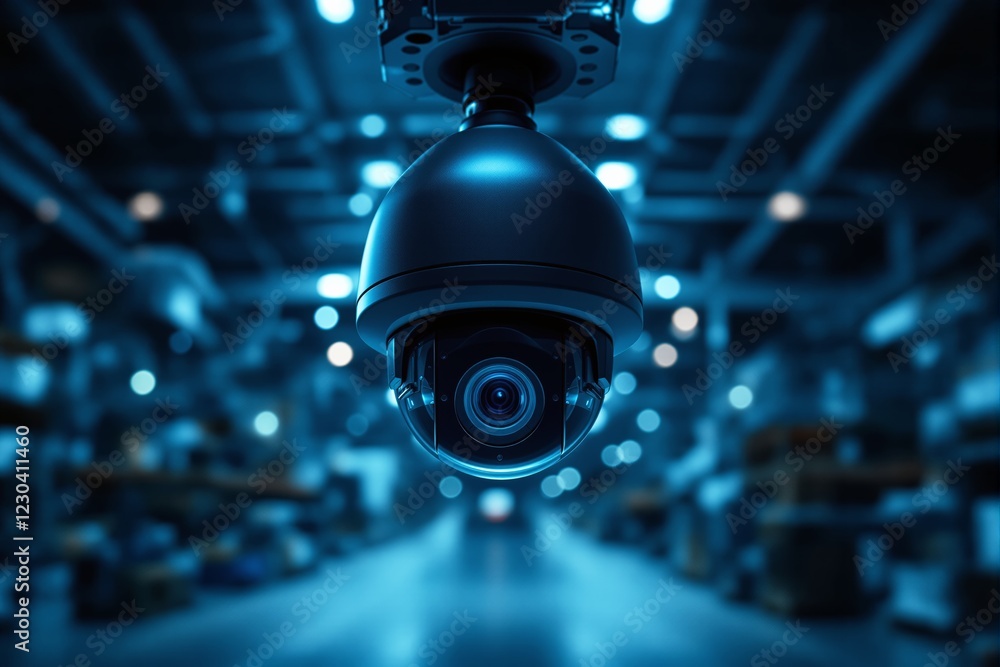 Poster close-up of a security camera in a futuristic warehouse with blue bokeh lights in the background.