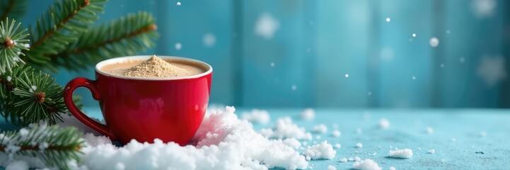 Cozy winter scene with cup of hot cocoa in red cup on a snowy blue background with pine tree, pine tree, blue, festive