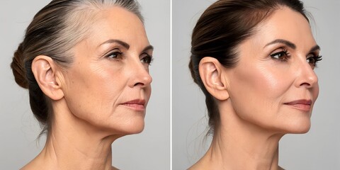 Before and after picture of a French lift &ndash; thread lifting for face tightening and skin rejuvenation