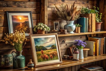 Rustic Farmhouse Decor: Dried Flowers, Artwork & Vases on Wooden Shelf - Drone Photography Style