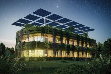 A sustainable, eco-friendly building with solar panels and a green wall, illuminated at night.