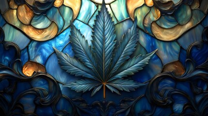 A blue stained glass window with a leafy green plant in the center