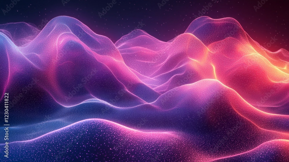 Poster waves of glowing colors ripple across the abstract background, creating an ethereal landscape. neon 