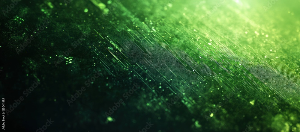 Poster abstract green texture with diagonal lines and glowing particles.