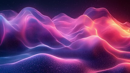 Obraz premium Waves of glowing colors ripple across the abstract background, creating an ethereal landscape. Neon hues blend and dance together, evoking a sense of tranquility and wonder at dusk