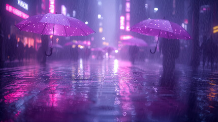 Pink umbrellas in rainy neon-lit cityscape at night