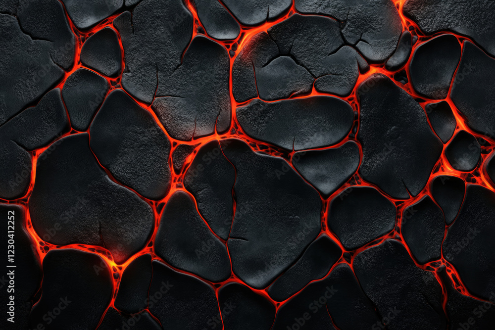 Poster Glowing lava flows through cracks in dark volcanic rock, creating a fiery texture.