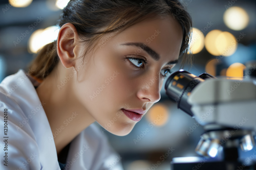 Poster scientist observing through microscope with blurred lab background, focused expression, and creative