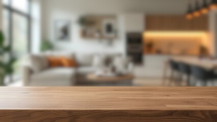 Empty Wooden Table in Modern Home - Blurred Living Room and Kitchen Background - Ideal for Product Mockups, Food Photography, or Lifestyle Content 
