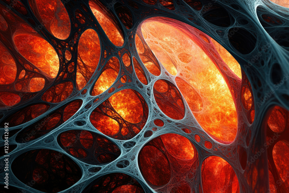 Poster abstract fractal art depicting a fiery, organic network of interconnected cavities and veins.