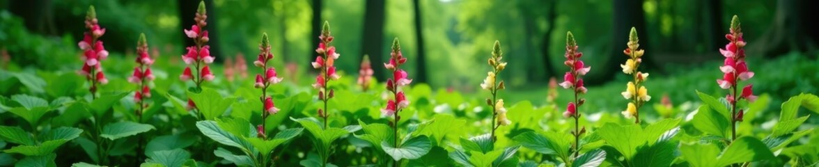 Foxglove Beardtongue flowers growing amidst lush green foliage and leaves, verdant landscape, leafy undergrowth, wildflower habitat