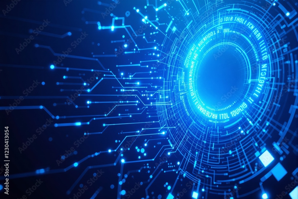 Poster Abstract glowing blue circular digital background with circuit lines.