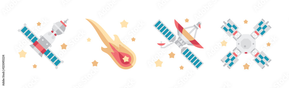 Poster outer space and universe as aerospace flat object vector set
