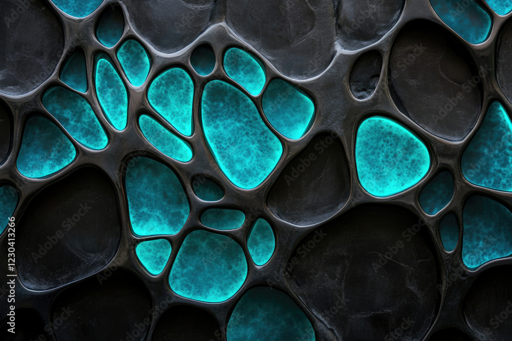 Poster abstract 3d render of a dark, organic structure with glowing turquoise cavities.