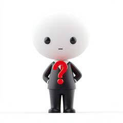 Fototapeta premium A 3D-rendered image featuring a businessman in a contemplative pose standing beside a giant red question mark against a soft pastel pink background.