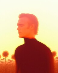 Man in sunflower field during golden hour dreamy atmosphere nature warm light serene viewpoint