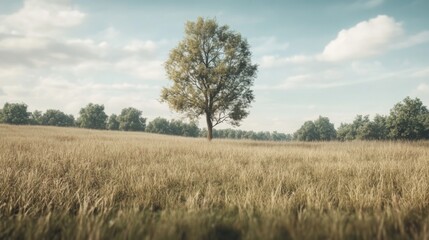 Obraz premium Lone tree in a vast, golden field under a partly cloudy sky.