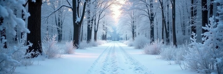 Fototapeta premium Frosty branches in a forest path covered with fresh snow, branches, tree, icy