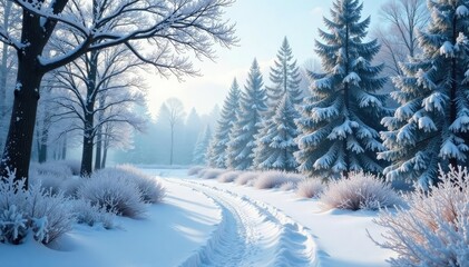 Obraz premium Frosty forest landscape with snow-covered trees and bushes, serene atmosphere, nature, calm