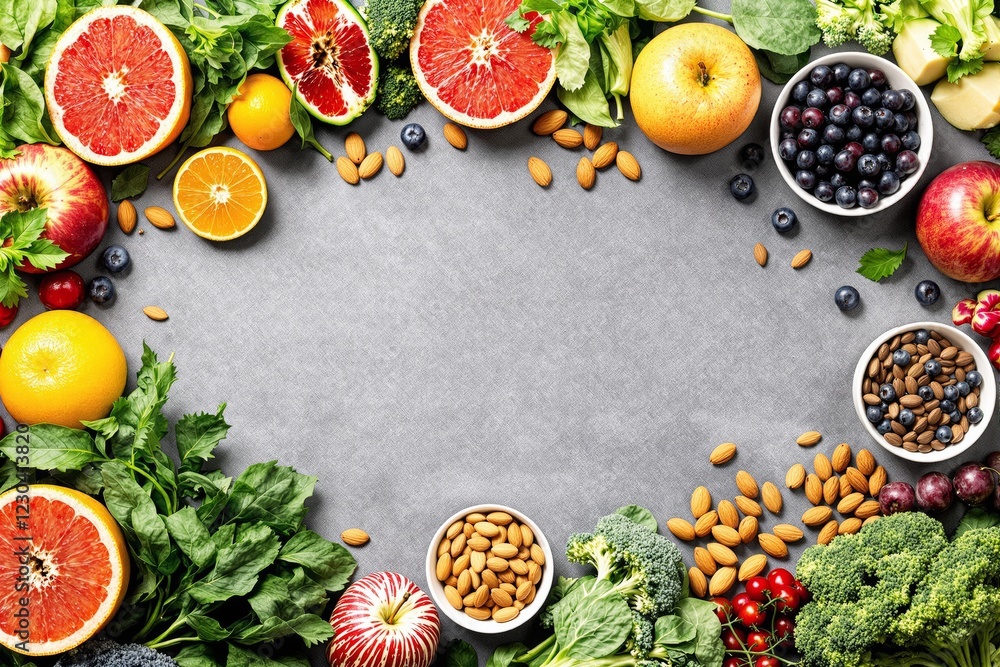 Poster fresh colorful fruits, vegetables, and nuts arranged on a gray textured background forming a creativ