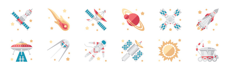 Outer Space and Universe as Aerospace Flat Object Vector Set