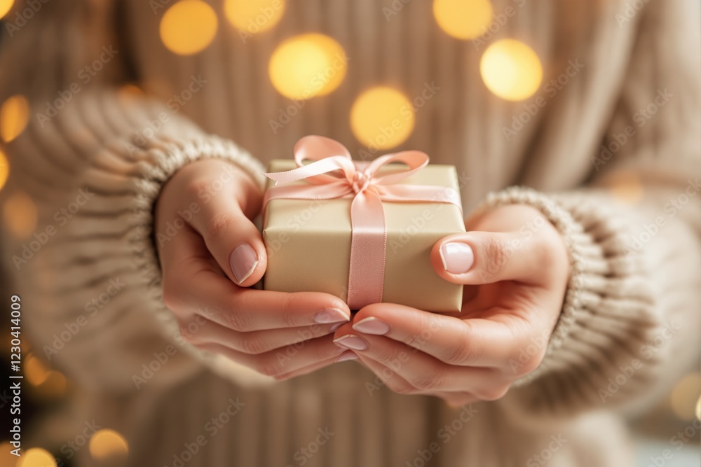 Poster Hands holding a small gift box tied with a pink ribbon against a golden bokeh background.