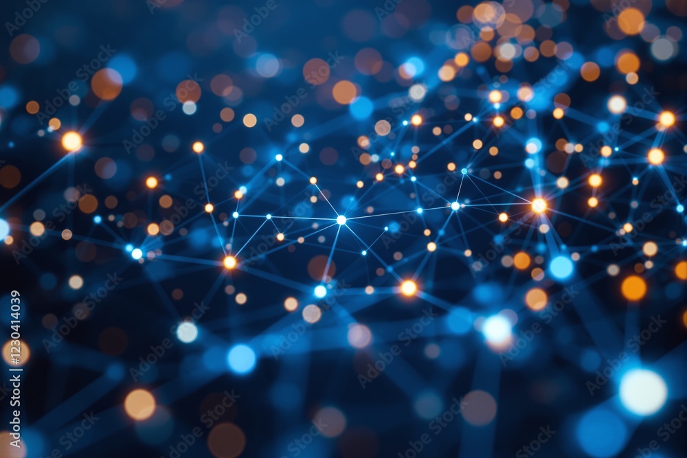 Aufkleber Abstract digital network connections with glowing nodes and bokeh light effects on a dark blue background.