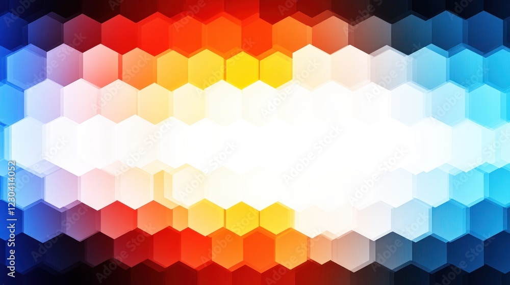 Poster Abstract hexagon pattern background with vibrant color gradient and central white space.