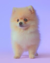 Cheerful pomeranian dog portrait pastel purple background fluffy appearance pet soft environment happy concept