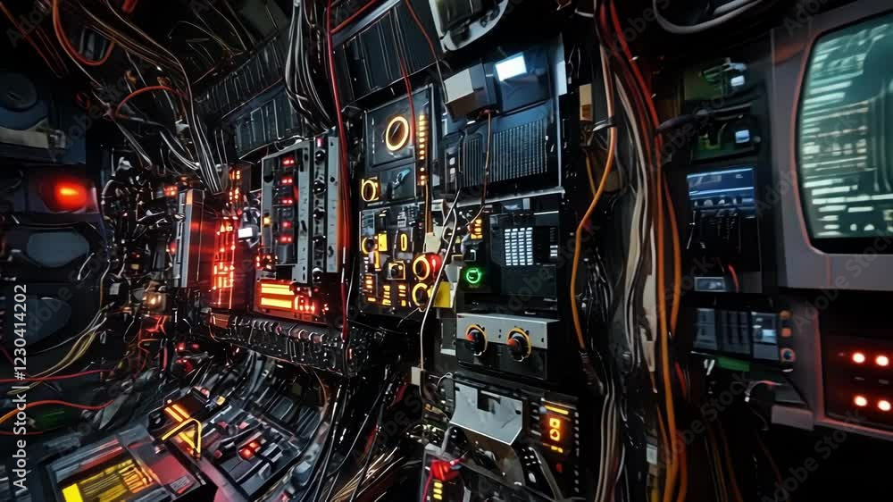 Poster intimate perspective of a robotic arms control panel showing a tangle of wires and circuit boards wi