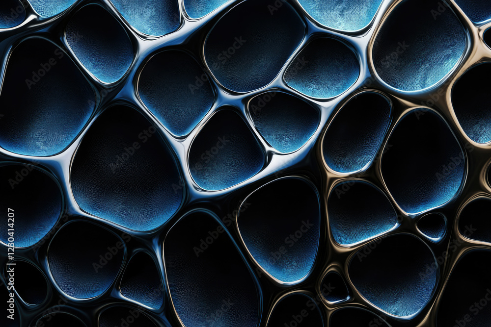 Poster Abstract 3D rendering of a dark metallic, organic structure with interconnected cavities and a blue textured background.