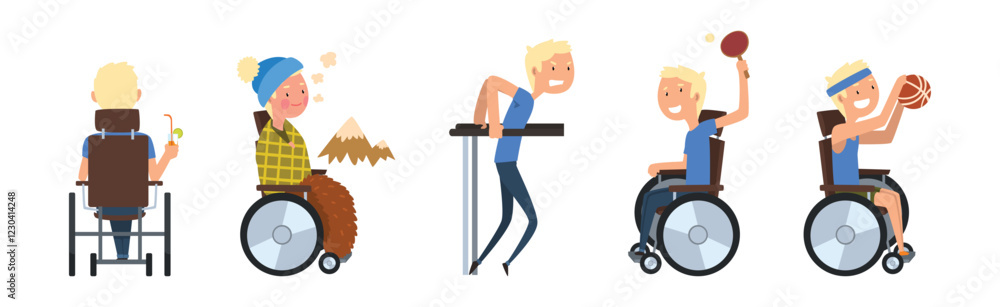 Poster man with disability in wheelchair engaged in different activity vector set