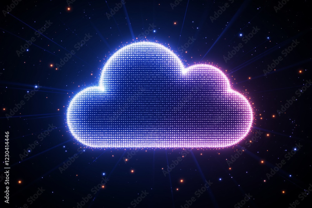 Poster glowing digital cloud composed of small text symbols on a dark starry background.