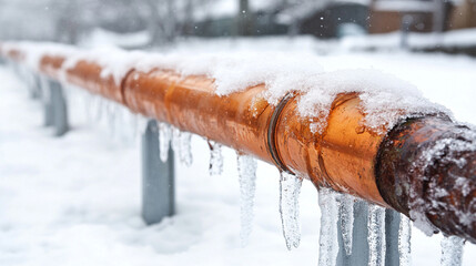 Water pouring from a broken copper pipe on snow, highlighting winter plumbing problems, clean and modern style with blurred background and empty caption space for text or message

