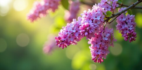 Obraz premium Lilac tree branches with hanging lilac flowers in morning light, natural, solo, tree