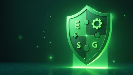 Interlocking ESG badges form a glowing green shield, conveying trust and ethics in a futuristic setting.