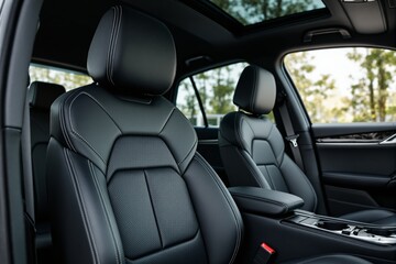 Modern black leather car seats with stitching in a luxury vehicle's interior, with a view of greenery through the windows.