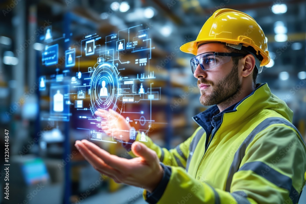 Aufkleber engineer in safety gear analyzing holographic data in industrial setting.